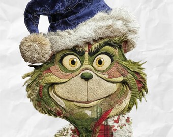 Retro Grinch Christmas PNG SVG | Patchwork Holiday Printable | Funny Festive Artwork