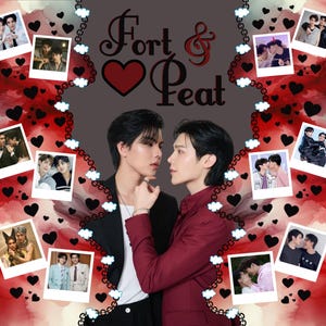 Puede incluir: Obra de arte digital que muestra a dos hombres con ropa formal, uno frente al otro, con un corazón y las palabras "Fort & Peat". Fotos estilo polaroid y corazones negros los rodean sobre un fondo rojo y gris.