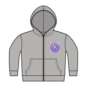 Könnte beinhalten: Ein hellgrauer Kapuzenpullover mit Reißverschluss und Vordertaschen. Der Kapuzenpullover zeigt ein farbenfrohes Mandala-Design mit dem Buchstaben "K" auf der linken Brust. Das Mandala-Design umfasst Farbtöne von Lila, Blau und Rosa.