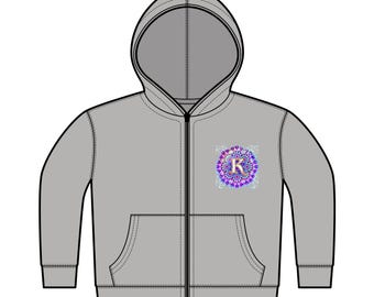 Sudadera con capucha y cremallera para niños pequeños con inicial K de sirena con brillo morado