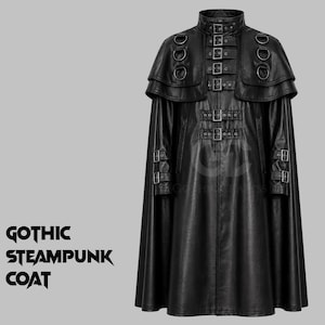 Pode incluir: Um casaco comprido preto com gola alta com várias tiras de fivela, um design de capa sobreposta nos ombros com anéis de metal e tiras de fivela adicionais na secção central e nos punhos. O texto GOTHIC STEAMPUNK COAT é visível.