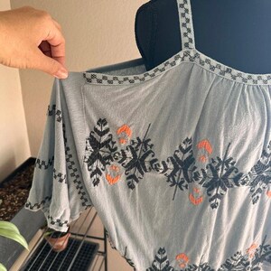 Free People Boho Embroidered Peasant Top Blue Stitching detail Draped Sleeve M image 2