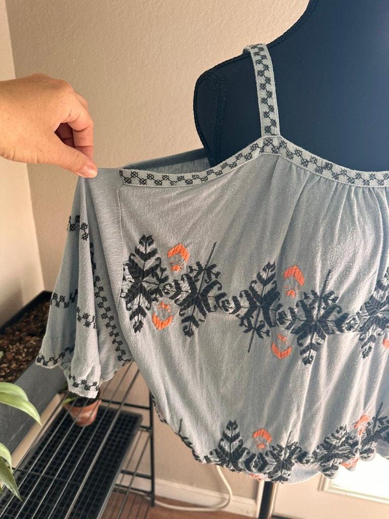 Free People Boho Embroidered Peasant Top Blue Stitching detail Draped Sleeve M image 2