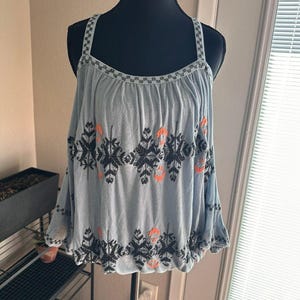 Free People Boho Embroidered Peasant Top Blue Stitching detail Draped Sleeve M image 1