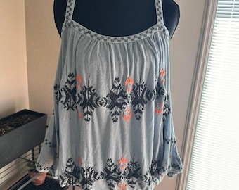 Free People Boho Embroidered Peasant Top Blue Stitching detail Draped Sleeve M
