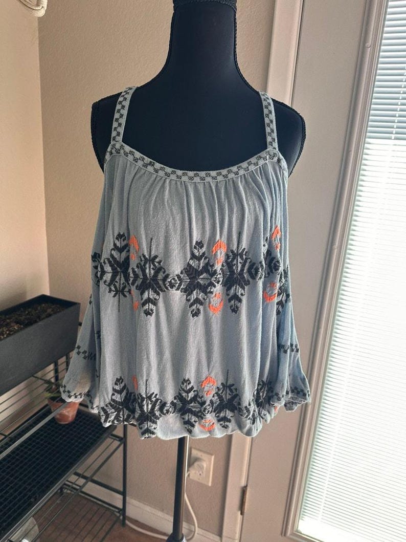 Free People Boho Embroidered Peasant Top Blue Stitching detail Draped Sleeve M image 1