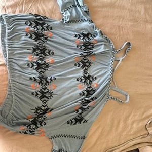 Free People Boho Embroidered Peasant Top Blue Stitching detail Draped Sleeve M image 7