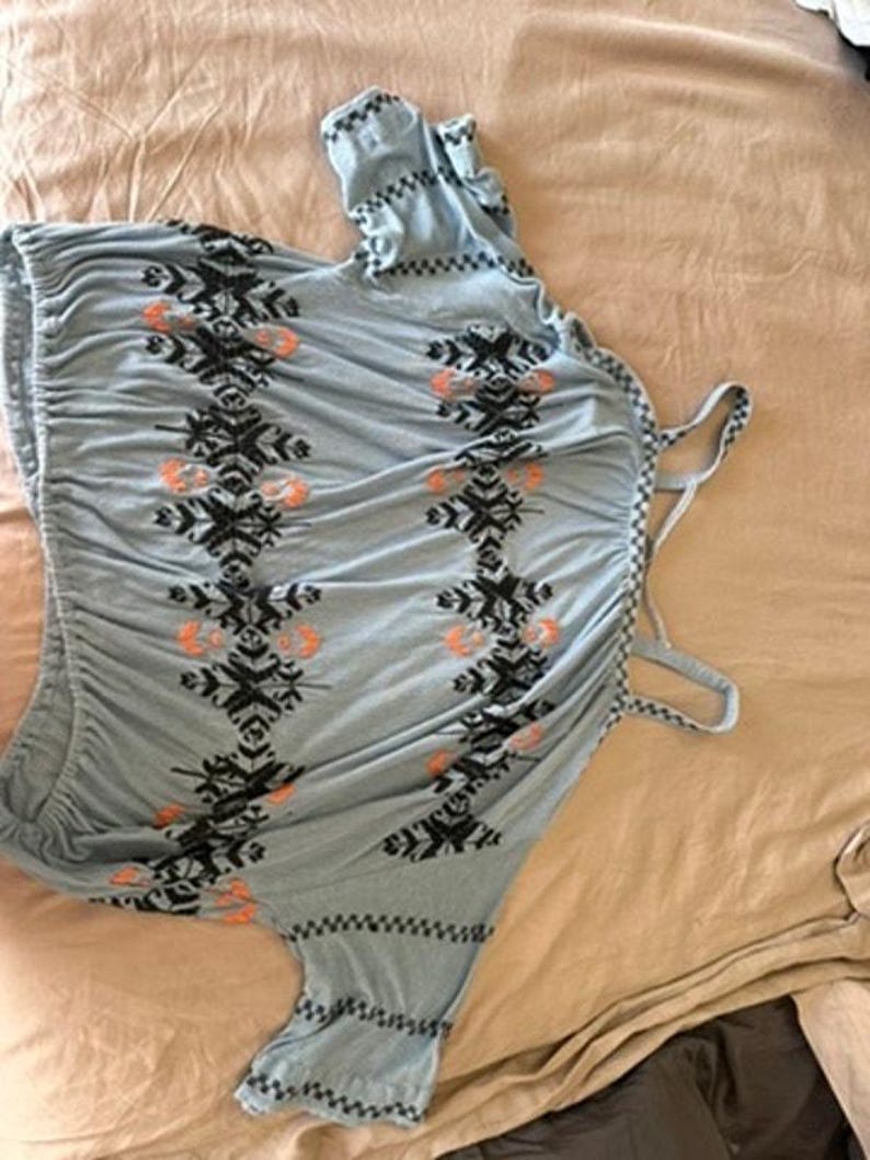 Free People Boho Embroidered Peasant Top Blue Stitching detail Draped Sleeve M image 7