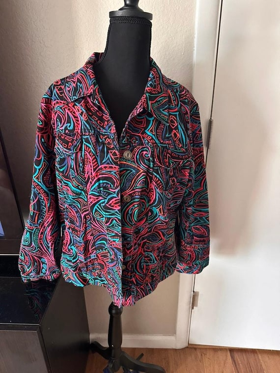 Chico’s Bold Abstract Art Jacket Vibrant Pink/Teal Eclectic Statement Plus Size