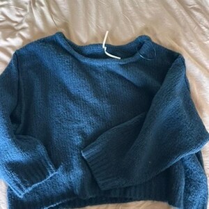 Anthropologie 3X Grobstrick Slouchy Cozy Pullover U-Boot-Ausschnitt Fuzzy Dark Teal Bild 8