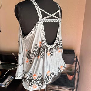 Free People Boho Embroidered Peasant Top Blue Stitching detail Draped Sleeve M image 4