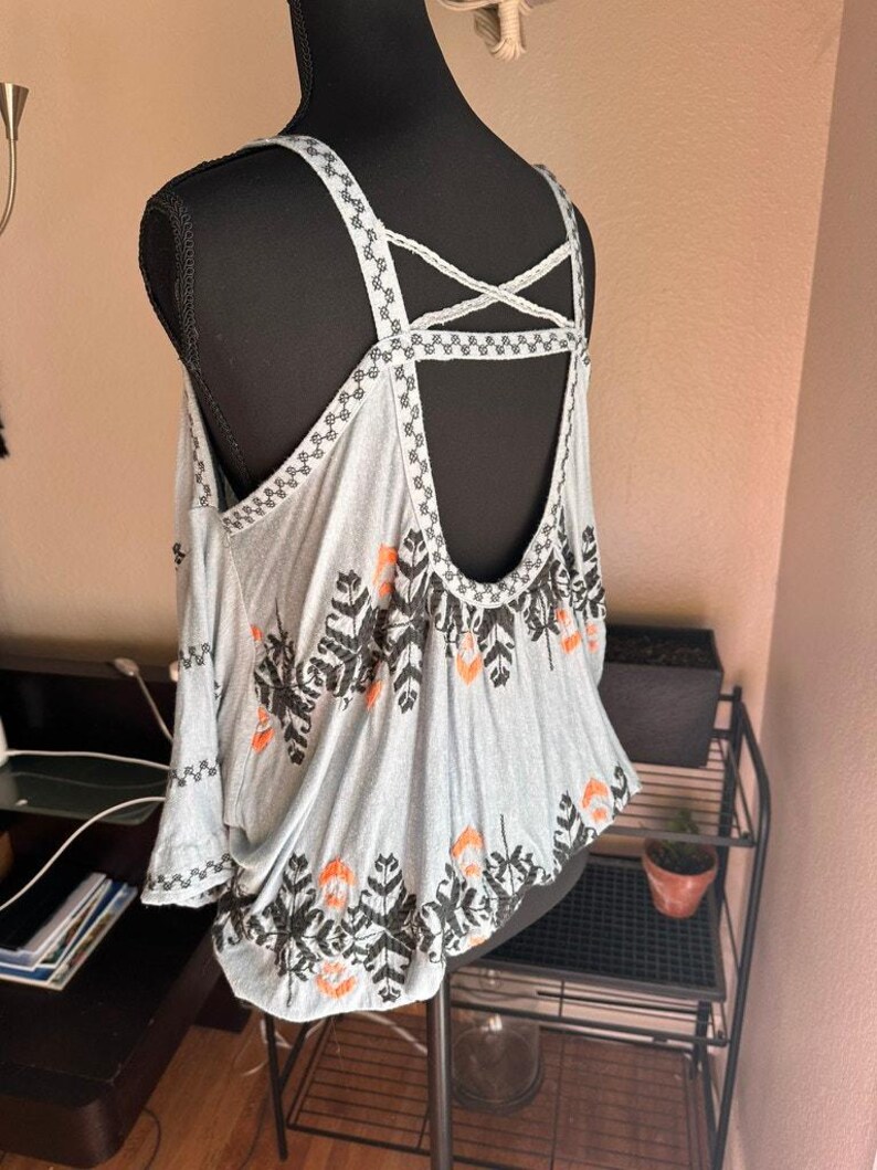 Free People Boho Embroidered Peasant Top Blue Stitching detail Draped Sleeve M image 4