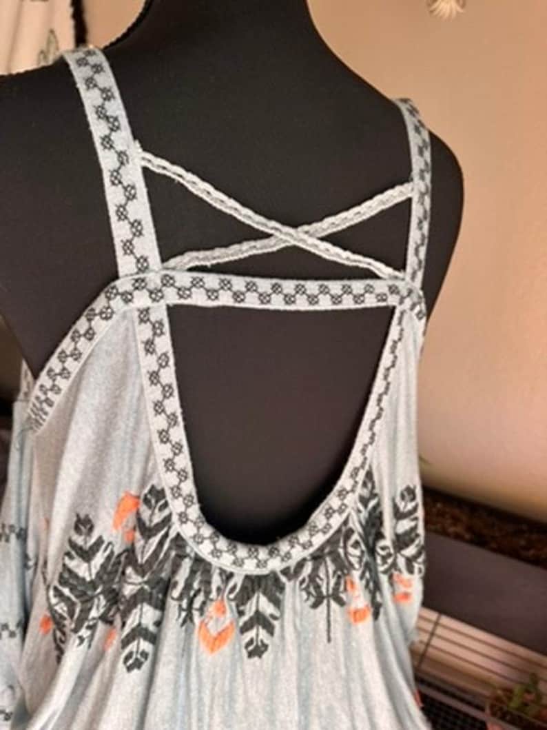 Free People Boho Embroidered Peasant Top Blue Stitching detail Draped Sleeve M image 5