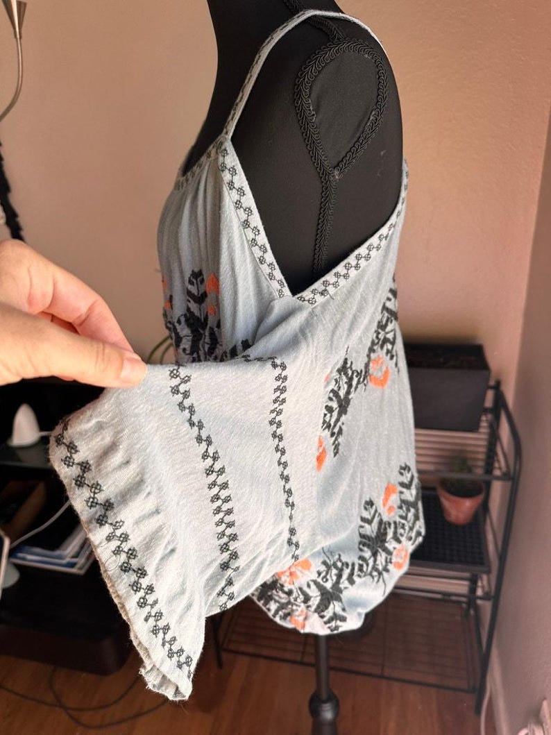 Free People Boho Embroidered Peasant Top Blue Stitching detail Draped Sleeve M image 3
