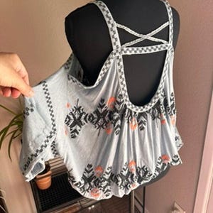 Free People Boho Embroidered Peasant Top Blue Stitching detail Draped Sleeve M image 6