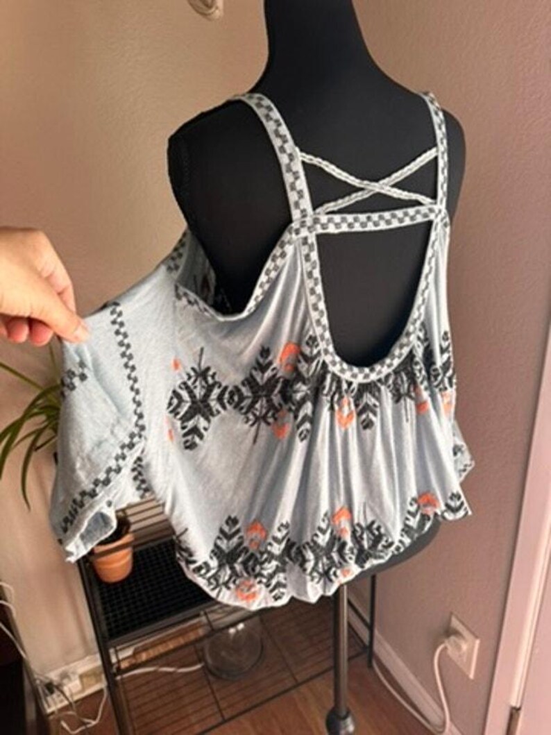 Free People Boho Embroidered Peasant Top Blue Stitching detail Draped Sleeve M image 6