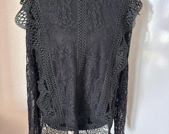 Black Lace Blouse Victorian-Style Crochet Trim Long Sleeve Top Witchy Goth Sz XL