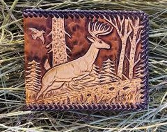 Handmade Leather Wallet With Buck in Forest