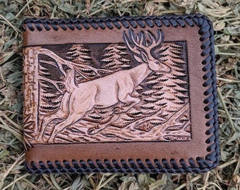 Leather Wallet with Deer and Pine Cone Design