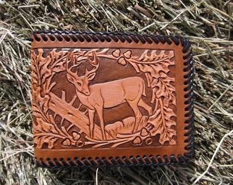 Mens Leather Wallet With Deer and Oak Leaves