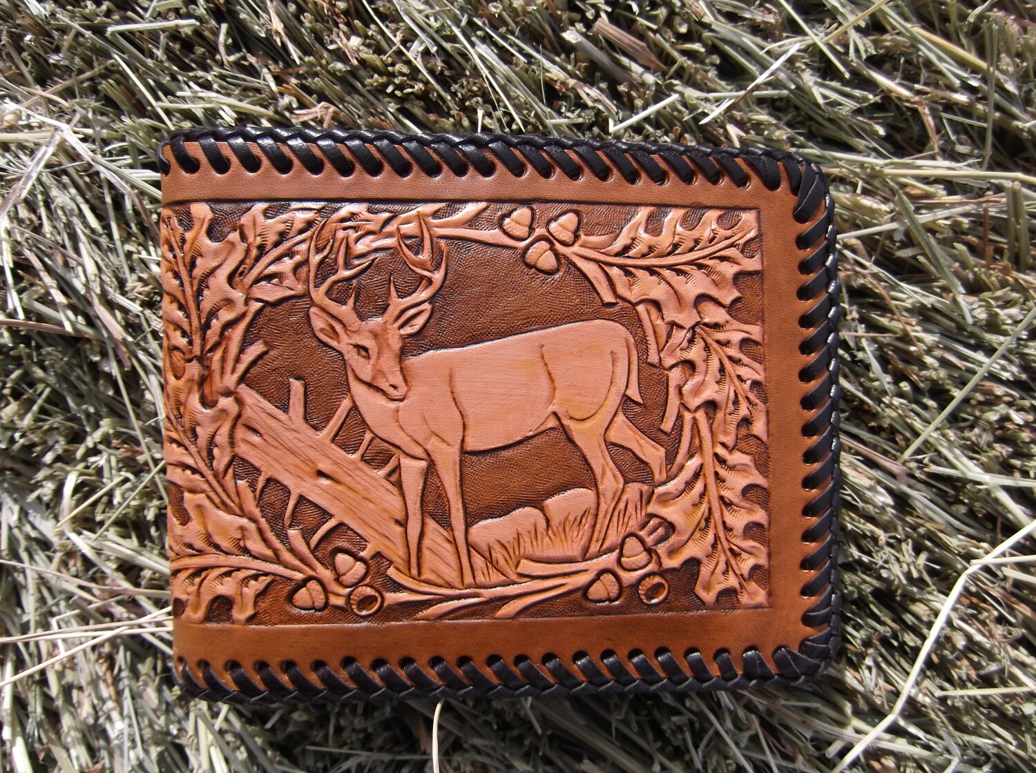 Mens Leather Wallet With Deer and Oak Leaves Etsy
