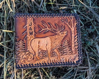 Handmade Leather Wallet With Bull Elk Scene