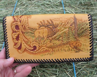 Leather Checkbook or Credit Card Wallet With Elk & Sheridan Floral Carving