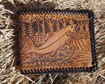 Leather Wallet with Fly Fishing Scene and Trout
