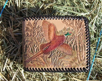 Handmade Leather Wallet With Colorful Pheasant Hunting Scene