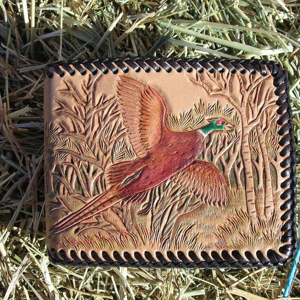 Handmade Leather Wallet With Colorful Pheasant Hunting Scene