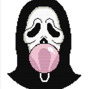 May include: A cross-stitch design featuring the iconic Ghostface mask from the Scream movie franchise. The mask is white with black eye and mouth details, and a large pink bubble gum bubble. The hood is black.
