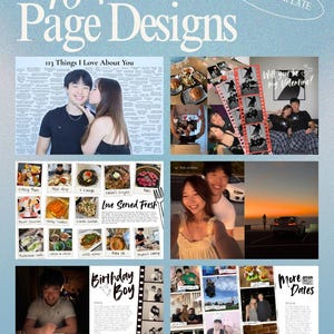 Może przedstawiać: Cyfrowy szablon scrapbooku z tekstem "40+ Page Designs" i "CANVA TEMPLATE". Układ zawiera zdjęcia, tekst oraz frazy "113 Things I Love About You", "Love Served Fresh", "Birthday Boy" i "More Dates".