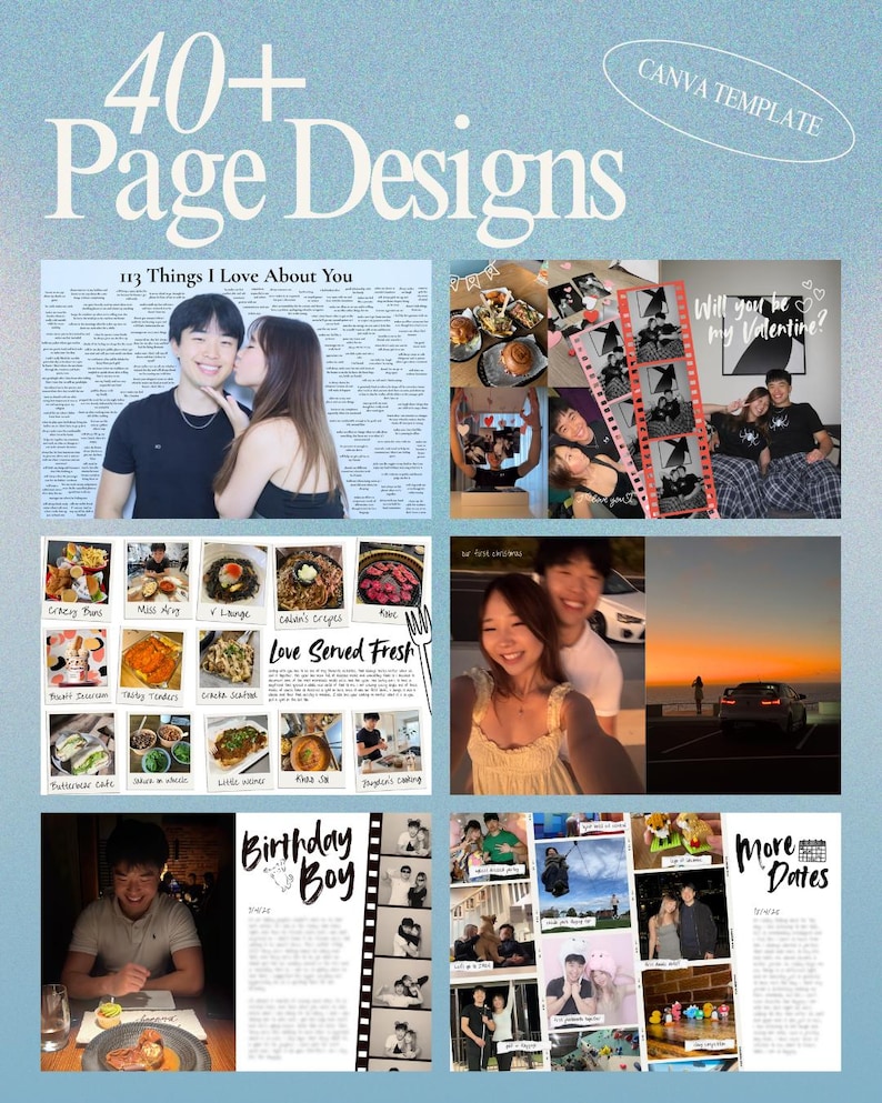 Może przedstawiać: Cyfrowy szablon scrapbooku z tekstem "40+ Page Designs" i "CANVA TEMPLATE". Układ zawiera zdjęcia, tekst oraz frazy "113 Things I Love About You", "Love Served Fresh", "Birthday Boy" i "More Dates".