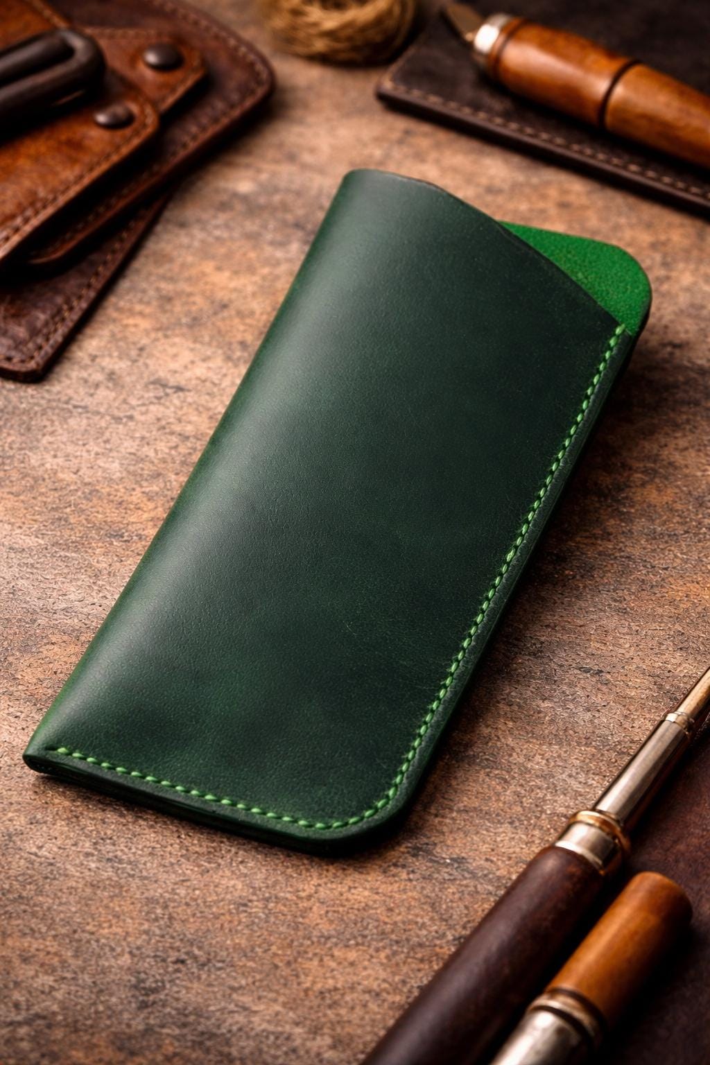 Handmade Crazy Horse Leather Glasses Case - Personalized, Hand Stitched