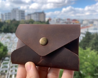 Handmade Leather Envelope Card Holder – Minimalist Slim Wallet, Front Pocket Card Case