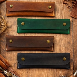 Personalized Crazy Horse Leather Pencil Case – Handmade Leather Tool Pouch, Custom Name Stamp image 1