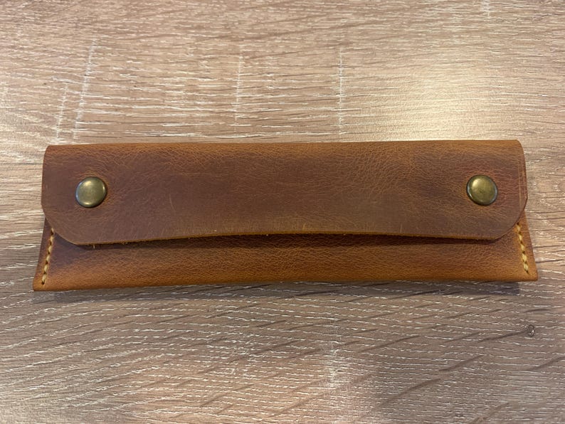 Personalized Crazy Horse Leather Pencil Case – Handmade Leather Tool Pouch, Custom Name Stamp Camel