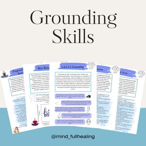 May include: Printed guides on grounding techniques for stress management, including "Grounding Skills", "Box Breathing", and "5,4,3,2,1 Grounding". The guides are on a light blue background with the text "@mind_fullhealing".