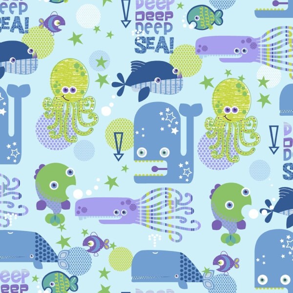 Deep deep sea by Studio E- Whale, fish- allover Blue cotton fabric -1 yard