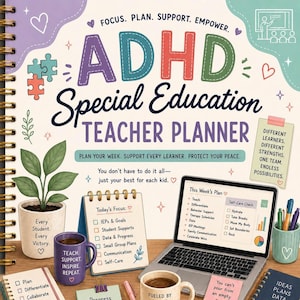 Agenda per insegnanti di ADHD e educazione speciale, agenda per insegnanti di sostegno, raccoglitore organizzativo per insegnanti neurodivergenti, modelli di moduli e modelli PDF per l'educazione speciale.