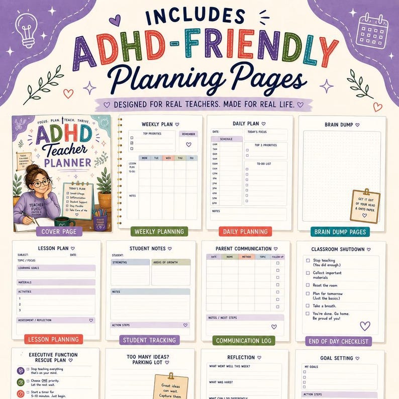 ADHD Teacher Planner Printable | Neurodivergent Teacher Organizer ...