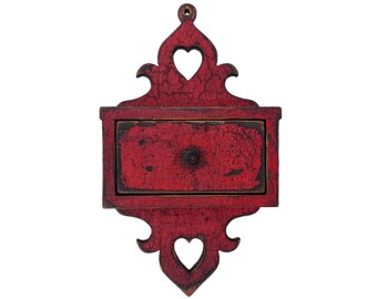 Wooden Salt Box with Drawer - Antique Style - Wall-mounted Wooden Salt Box Red Painted - Antique Kitchen - Antique Decor *US duties included