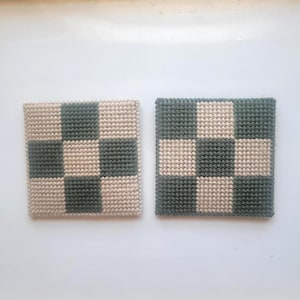 Tan & Green Checkered Hand-Stitched Coasters, 4.25"x4.25" Square, Reversible, Set of 2