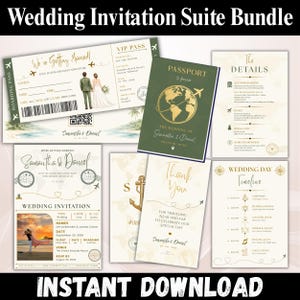 May include: A wedding invitation suite bundle featuring a boarding pass, a passport-style booklet, a details card, a wedding invitation with a photo, a thank you card, and a wedding day timeline. The designs use cream, gold, and dark green colors.