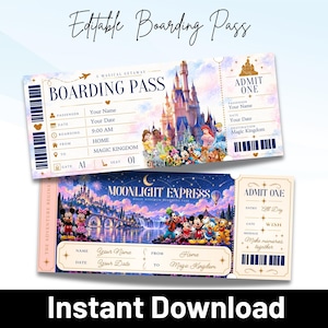 May include: Two editable boarding pass templates featuring Disney characters and castle illustrations. The top pass displays 'BOARDING PASS' and 'ADMIT ONE' text, while the bottom pass features 'MOONLIGHT EXPRESS' text with a night scene.