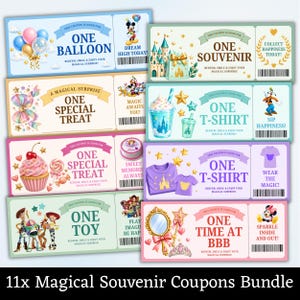 Puede incluir: Una colección de once cupones rectangulares con ilustraciones coloridas de personajes de Disney, dulces y mercancía. Cada cupón incluye texto como One Balloon, One Souvenir, One Special Treat, One T-Shirt, One Toy y One Time at BBB.