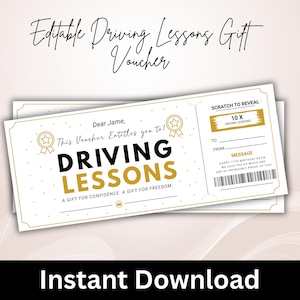Puede incluir: Un vale de regalo rectangular para clases de conducir con fondo blanco, borde dorado y texto en negro y dorado. El vale muestra el texto "DRIVING LESSONS", "SCRATCH TO REVEAL", "10 X DRIVING LESSONS" y un código de barras. Incluye líneas para "TO", "FROM" y una sección de "MESSAGE".