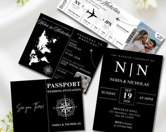 Editable Passport Wedding Invitation Template Canva, Boarding Pass Save The Date, Travel Theme Destination Wedding Invite Printable