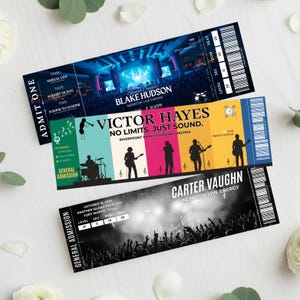 Puede incluir: Tres entradas de concierto con diferentes diseños. La entrada superior es para Blake Hudson, la del medio para Victor Hayes y la inferior para Carter Vaughn. Cada entrada tiene un esquema de color único y detalles del concierto.