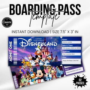 Puede incluir: Una plantilla de tarjeta de embarque de Disneyland París azul con el texto "BOARDING PASS Template" y "INSTANT DOWNLOAD | SIZE 7.5" X 3" IN". El pase presenta personajes de Disney y fuegos artificiales. Incluye campos para nombre, fecha, hora, ubicación y una nota. Tamaño: 19,05 cm x 7,62 cm.